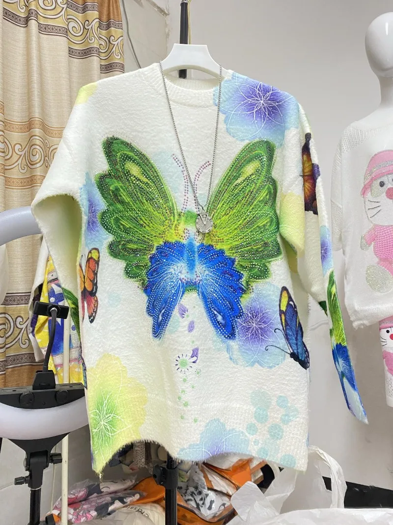 Herbst Und Winter Neue Nerz Lange ärmeln Rundhals Kawaii Strickwaren frauen Lose Schmetterling Diamant Bohrer Gedruckt Gestrickte Pullover