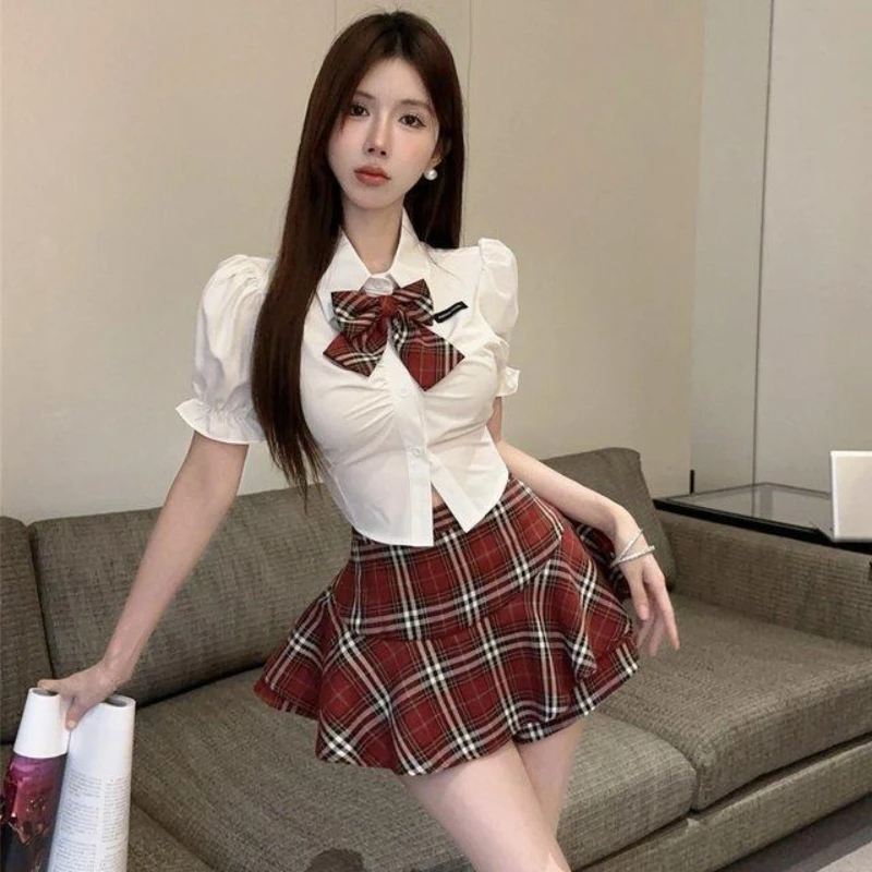 

Summer JK Uniform Two Piece Set Women's College Style Bubble Sleeve Waist Cincined Shirt High Waist Checkered Short Skirt