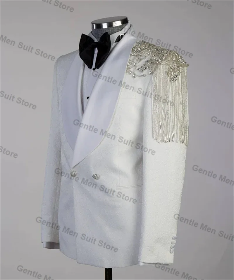 Jacquard White Men Suits Set 2 Piece Beading Blazer+Pant Prom Groom Wedding Tuxedo Coat Tailored Made Formal Office Jacket