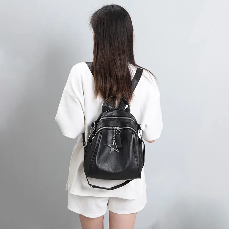 Hot Soft 100% Genuine Cow Leather Calfskin Women Backpacks Top Layer Nature Cowhide Book Dual Function Backpack One Shoulder Bag