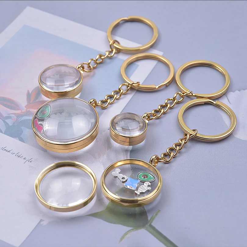 1pc 15/20/25/30mm Openable Biconvex Glass Floating Locket Key Chain Mobile Phone Chain Keyring Pendant Coin Holder Memory Gift