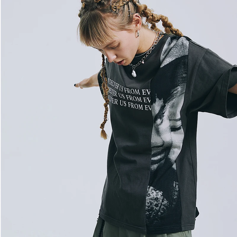 

New Plusneato Series Printed Patchwork ort Sve Tee Street Sle ex Cotton T-irt Summer Collection