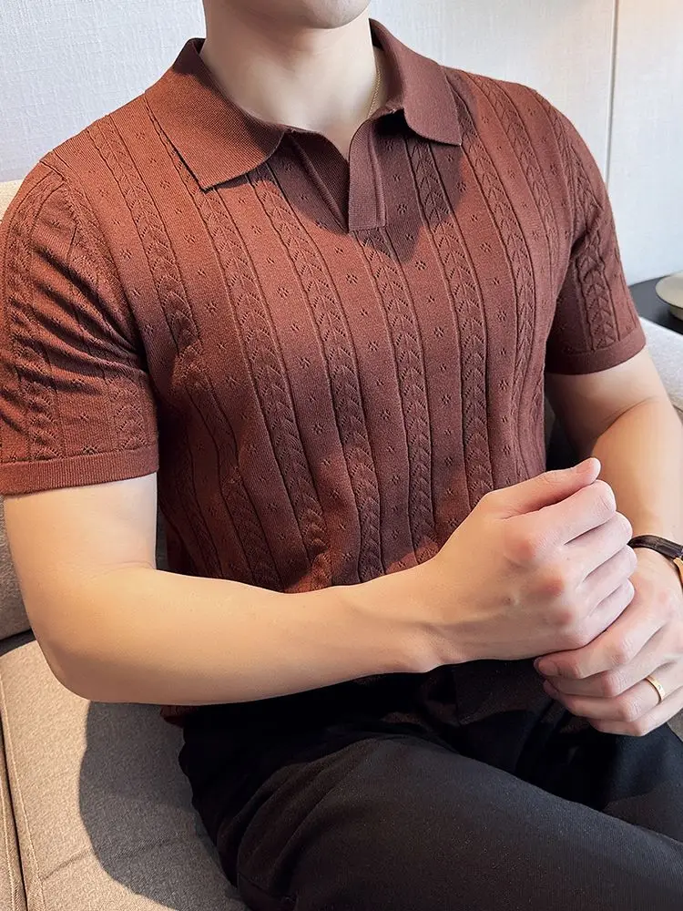 Short Sleeved Men's POLO Shirt Summer Ice Silk Business Men's Top Hollowed Out V-neck Knitted Cardigan T-shirt