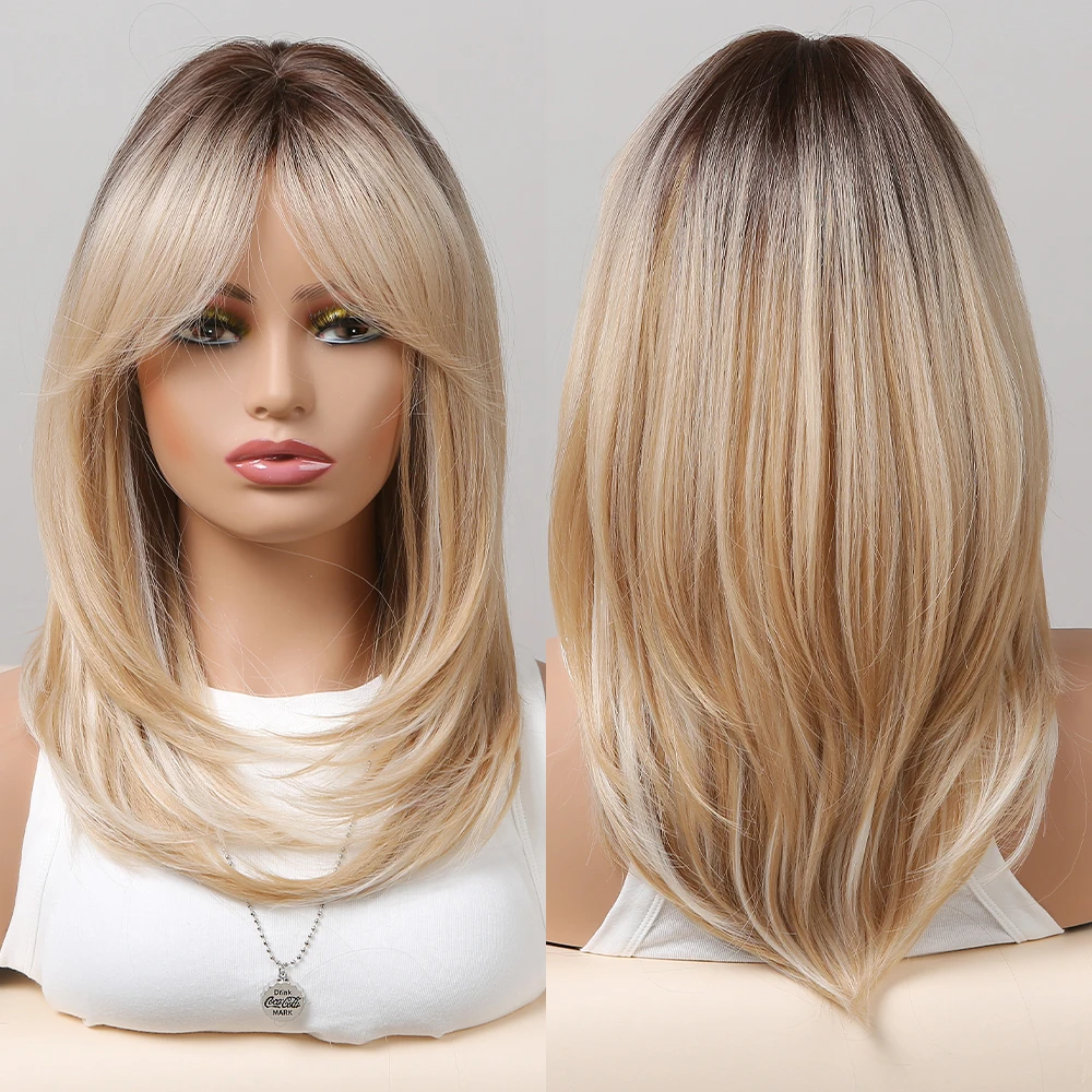 

Layered Synthetic Wigs Platinum Blonde Mixde Wig with Bangs Shoulder Length Wig for Women Daily Party Use High Temperature Fiber