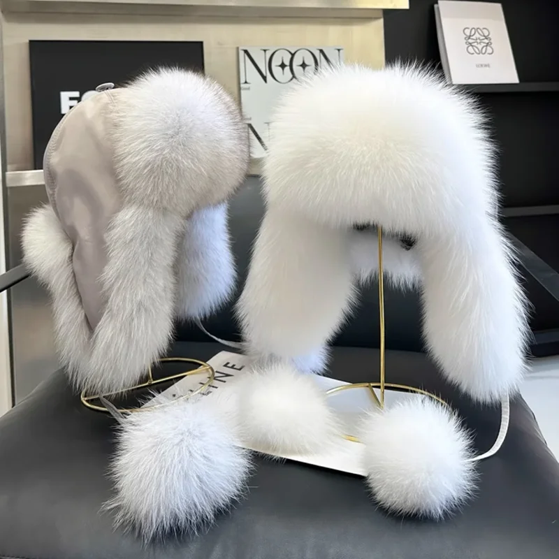 Women 100% Real Fox Fur Hat Women's Russian Ushanka Aviator Trapper Snow Skiing Hats Earflap Caps Winter Raccoon Fur Er Cap