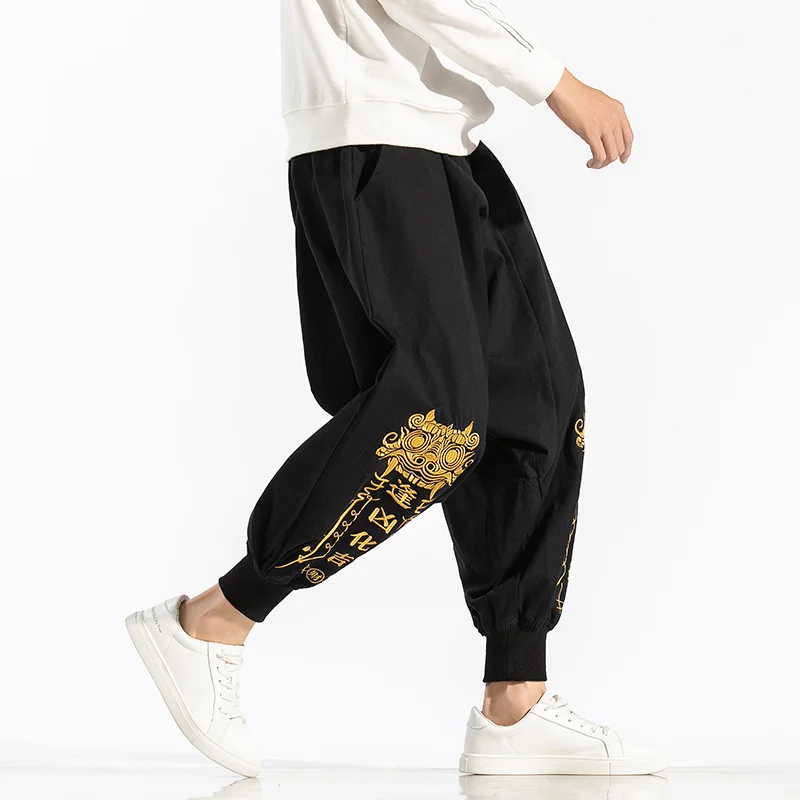 Chinese Style Casual Loose Plus Size Harem Pants Text Embroidery Oversized Baggy Joggers Men Clothing Harajuku Trousers Male