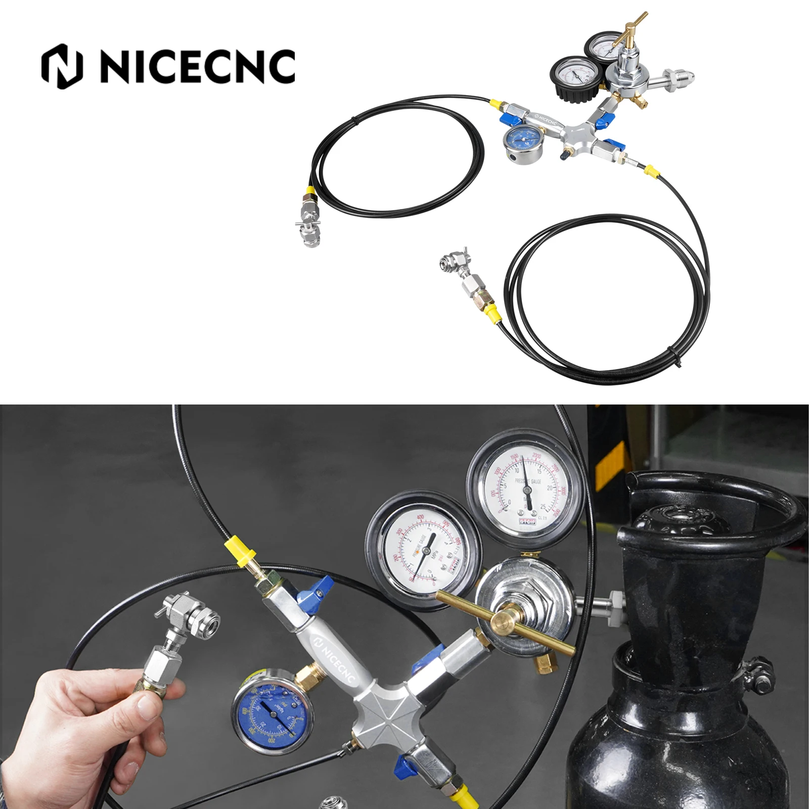 

Dual Hose Nitrogen Shock Regulator Fill Tool With Schrader Valve ATV UTV For Yamaha Raptor 700 YZX Polaris CanAm Arctic Cat