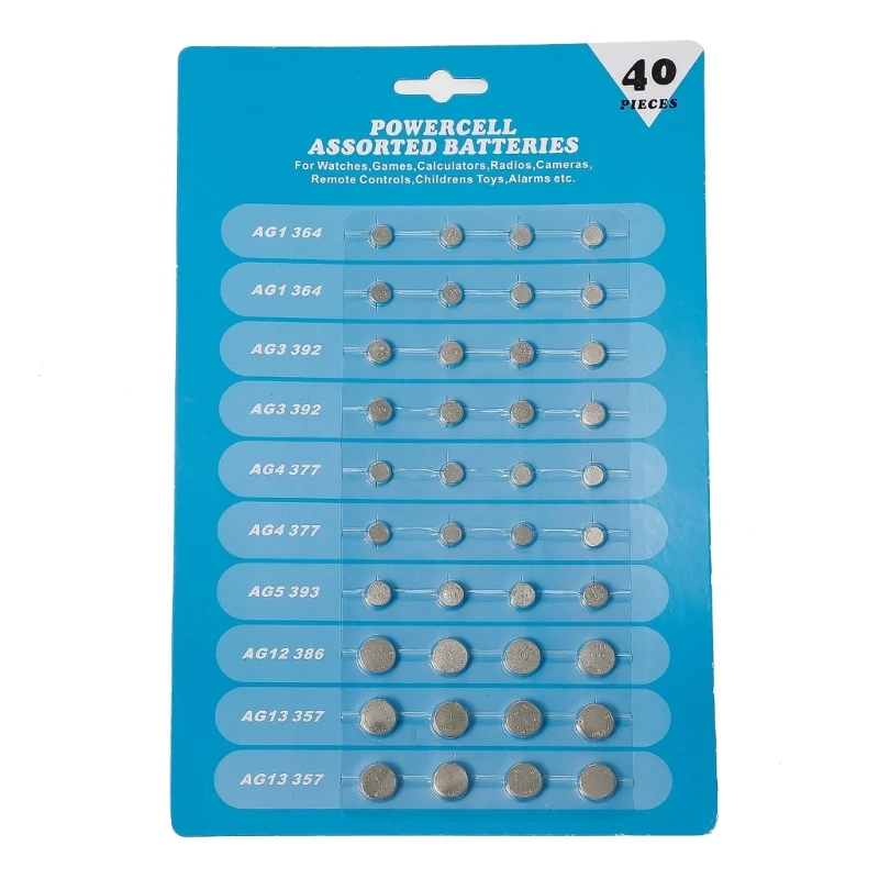 40pc Assorted Button Coin Cell Battery for Watches and Electronics Power Supply