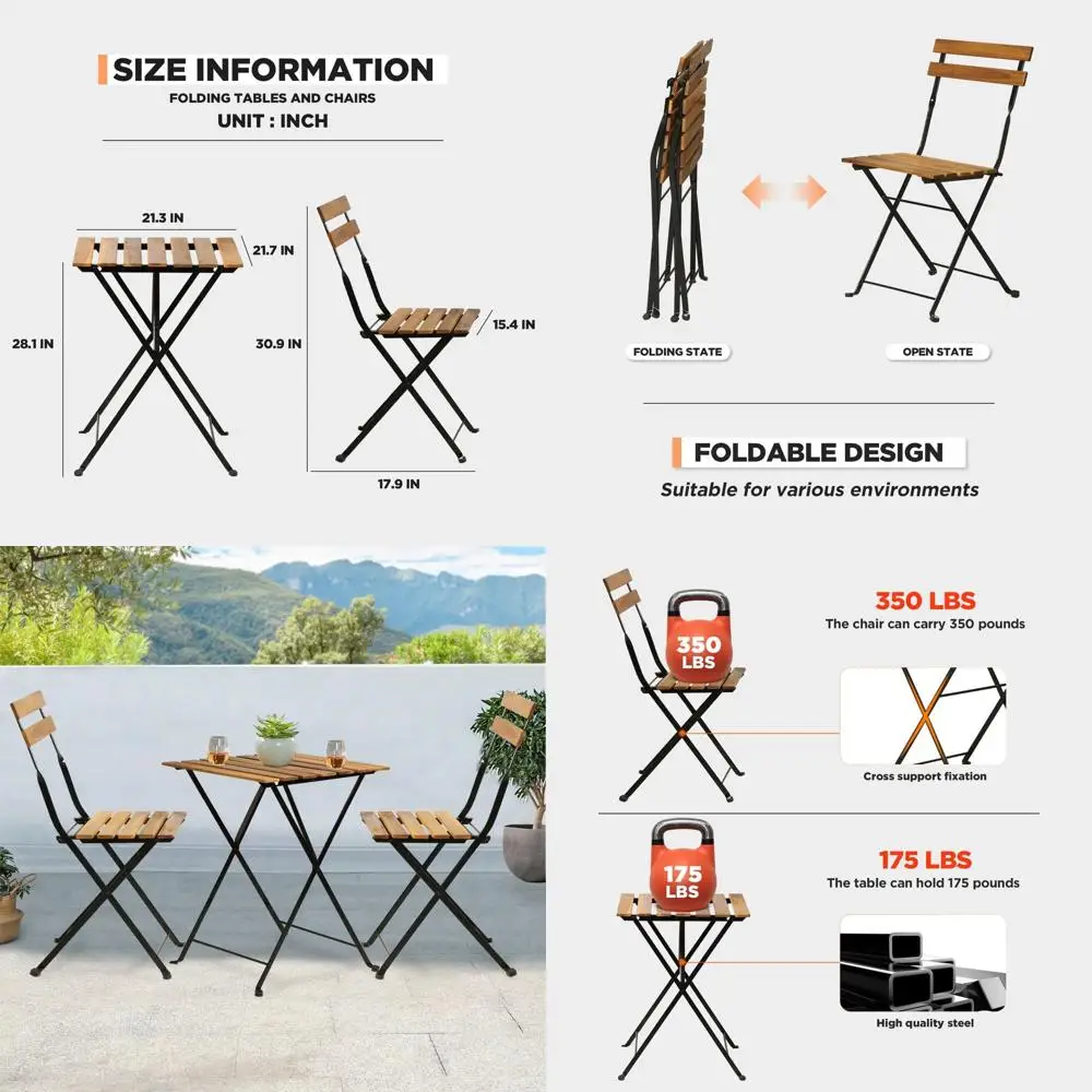 

Портативный уличный набор для бистро с двумя складными стульями и столом, устойчивый к атмосферным воздействиям для патио и разговоров на заднем дворе.