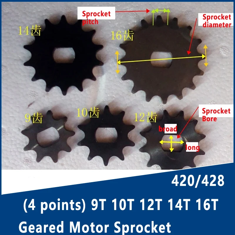 9T 10T 12T 14T 16T Geared Motor Sprocket 420/428 (4 points) Model Sprocket Gear MY1020ZXFH MY1020Z MY1418ZXF