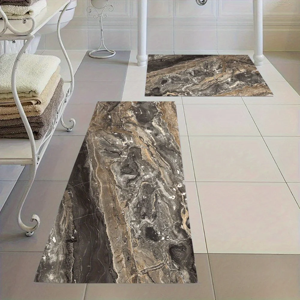 2pcs/ 3pcs/ Set Vintage Brown Smudge Marble Printed Bathroom Floor Mat Set, Home Decoration Area Carpet, Machine Washable, Was