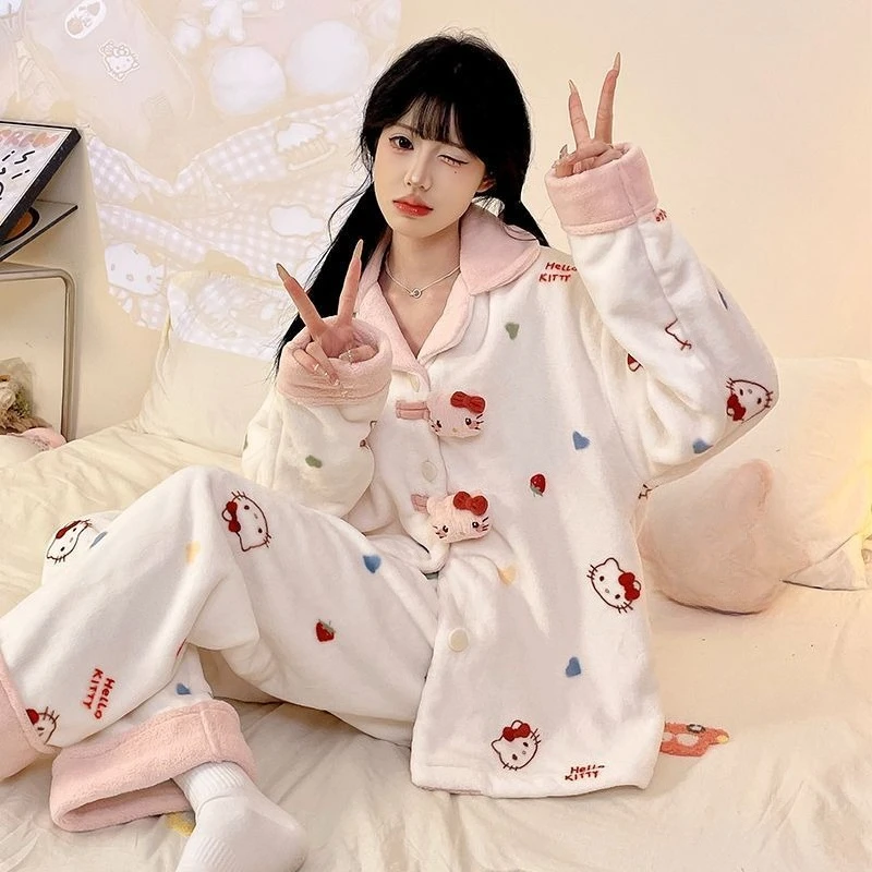 

Autumn Winter Coral Velvet Pajamas for Girl Cute Hello Kitty Long-sleeved Trousers Flannel Comfortable and Warm Home Clothes Set