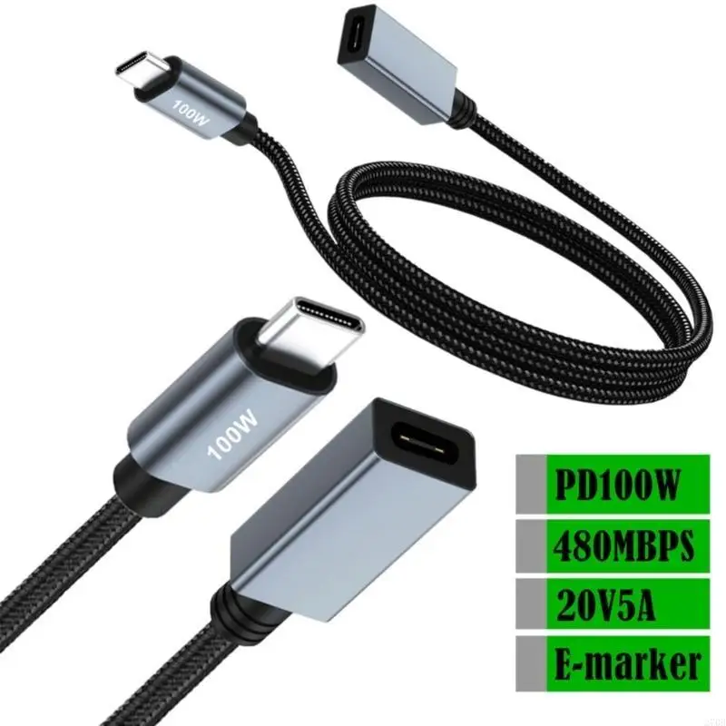 PD100W USB C Extension Cable for Fast Charging and Data Transfer 480Mbps Nylon