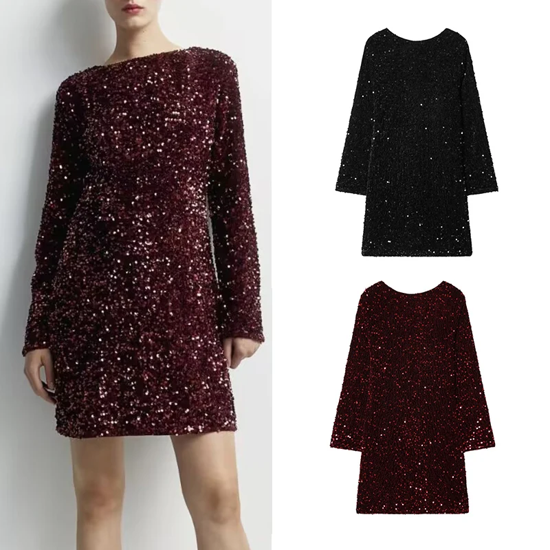 Abito da festa da ballo da donna Primavera 2026 Nuova moda Paillettes Abito elegante da donna a maniche lunghe Chic per il tempo libero Vacanza Abiti per giovani