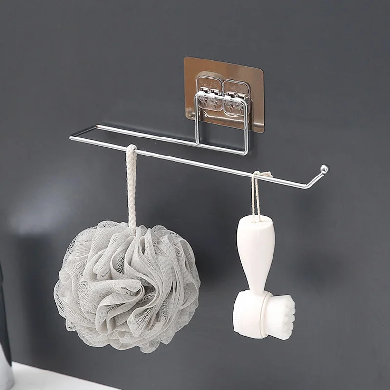 Kitchen Bathroom Roll Paper Towel Holder Drilling Free Wall Hook Type Stainless Steel Storage Hooks Rack Toilet Accessories