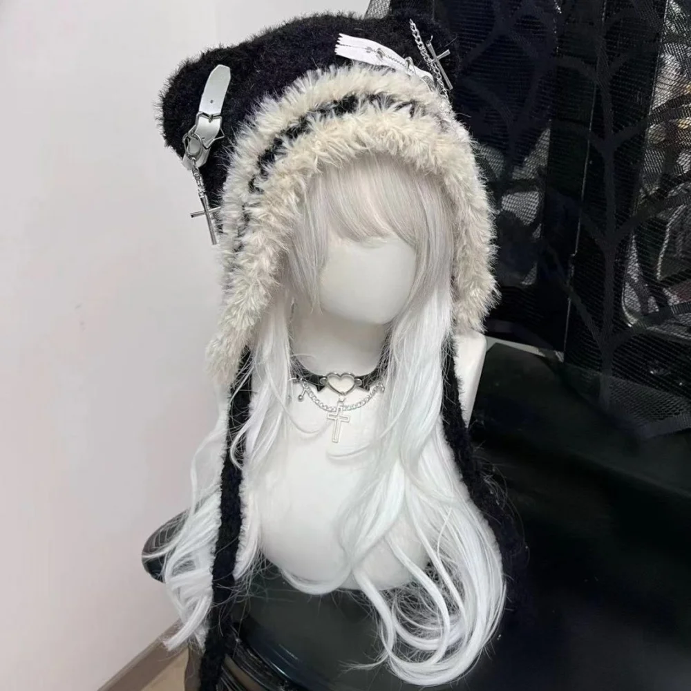 Japanese Knit Hat for Women Chains Belt Design Fur Hats Contrast Color Keep Warm Caps Female Fashion Cute Gorras Invierno Mujer