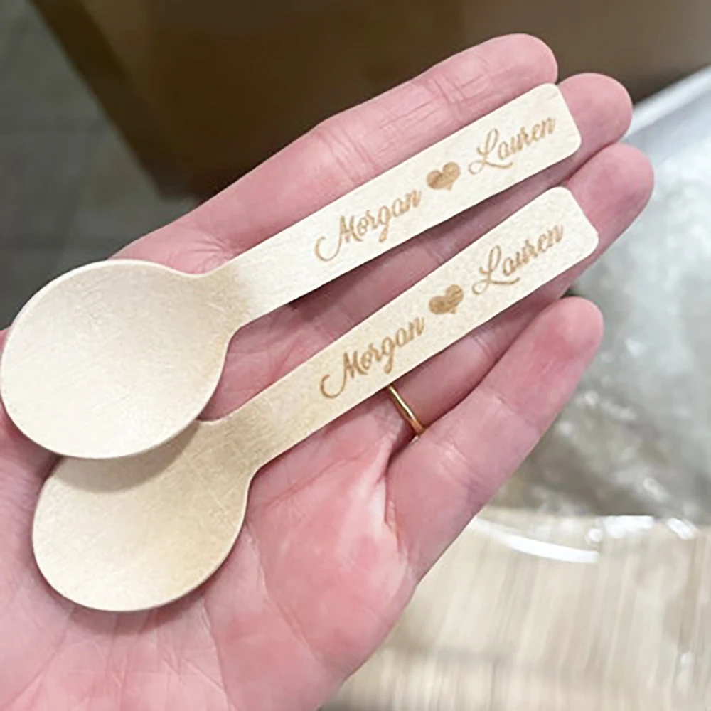 50Pcs Custom Dessert Mini Spoons Wooden Ice Cream Spoons Coffee Stir Drink Stirrers,Kids Party, Birthday Wedding Shower Favors