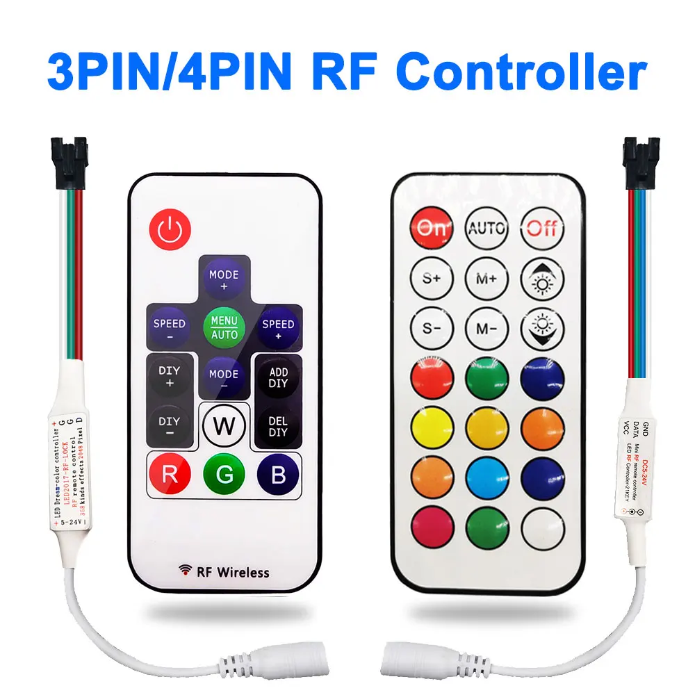 

DC5-24V Mini RF LED Controller 3PIN WS2812 WS2811 4PIN WS2813 WS2815 LED Strip Light 14/21Keys Wireless Remote 350+ Dream Effect