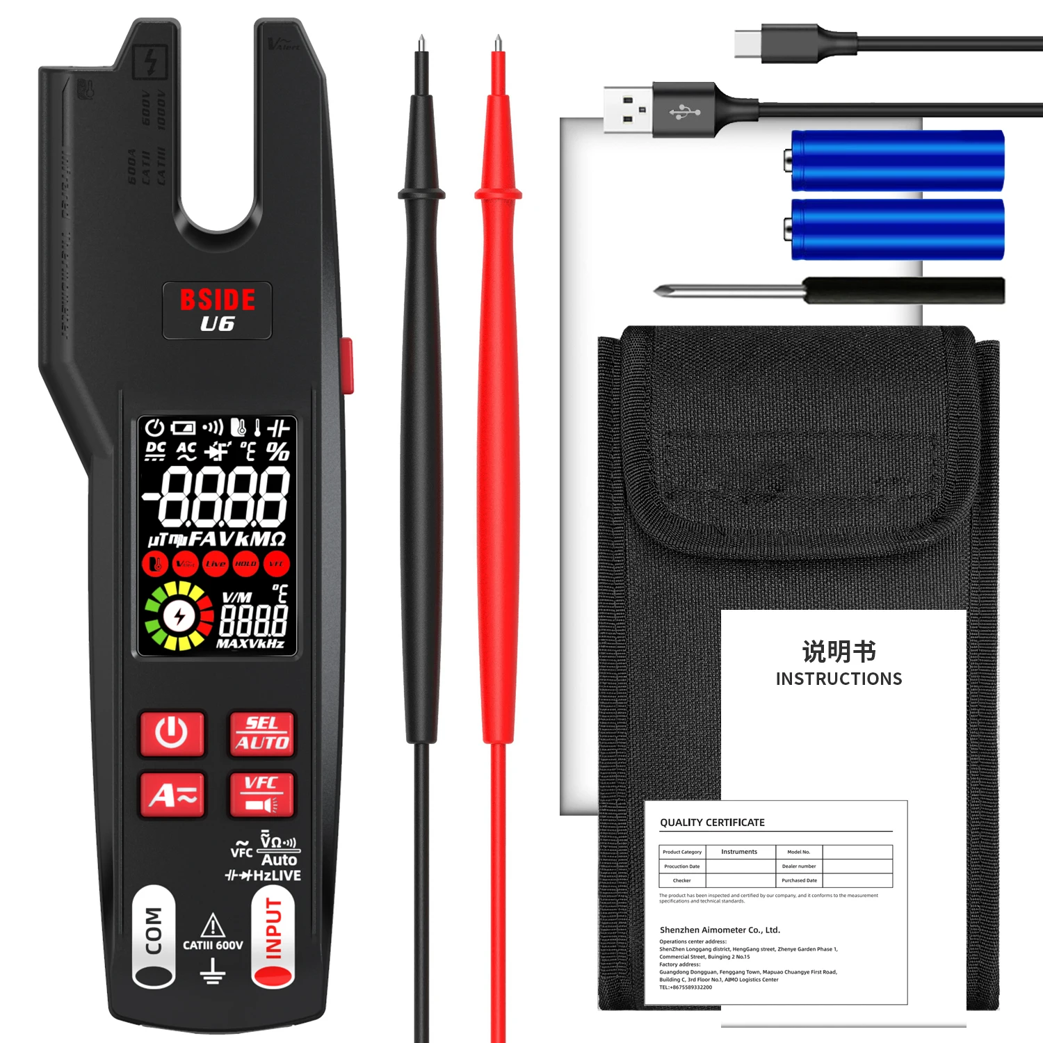 BSIDE U6 Digital Clamp Meter Fork Professional 600A Ammeter Pliers T-RMS DC AC Current OpenJaw Electrical Tester Auto Multimeter