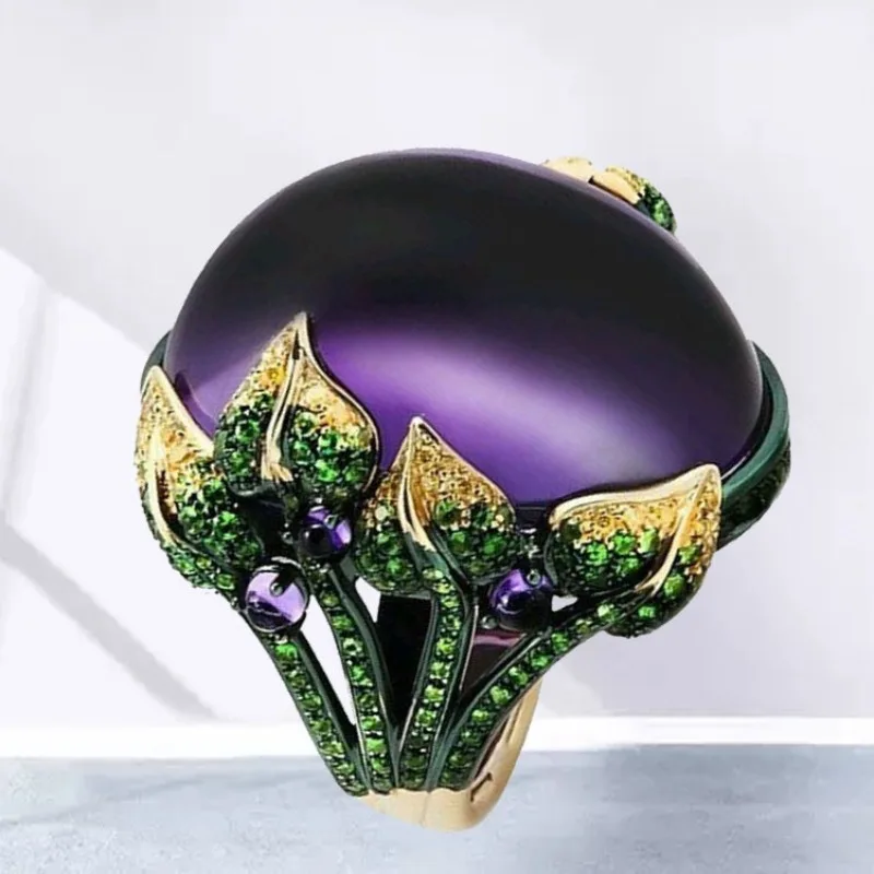 

Jianjie Elegant Women's Oval Purple Crystal Floral Zircon Rings Vintage Banquet Ring Accessories Trend