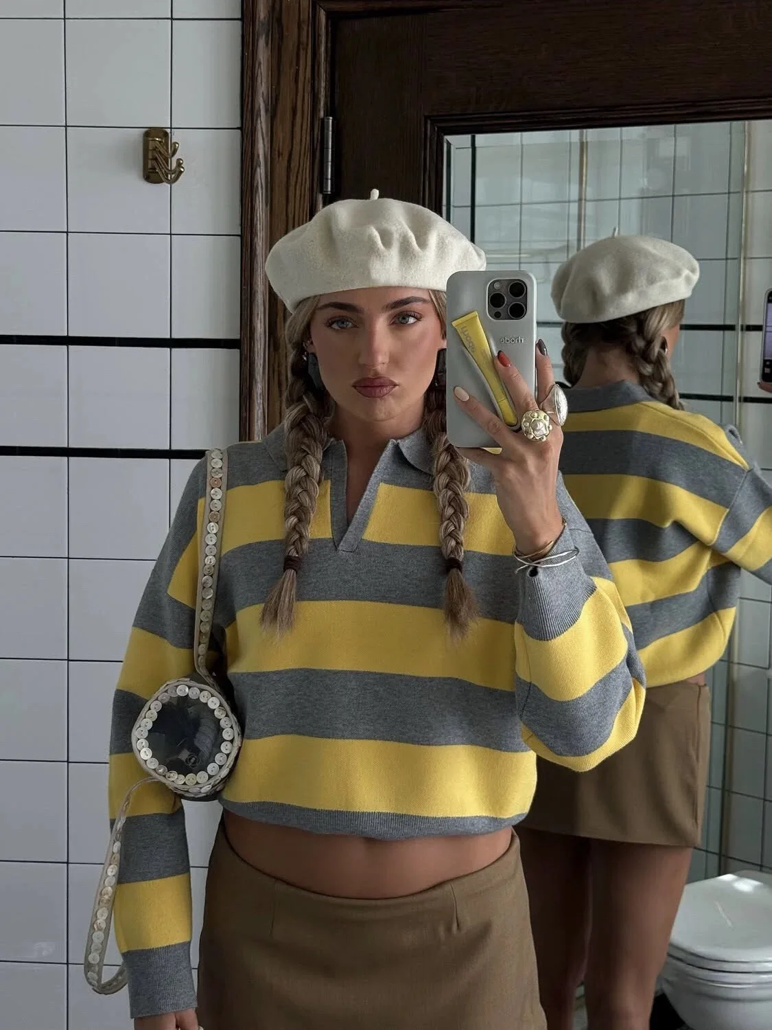 المرأة الخريف الشتاء الصلبة بولو طوق سترة البلوز سترة الإناث أنيقة الدافئة الأصفر الرمادي مخطط محبوك اقتصاص سترة #1