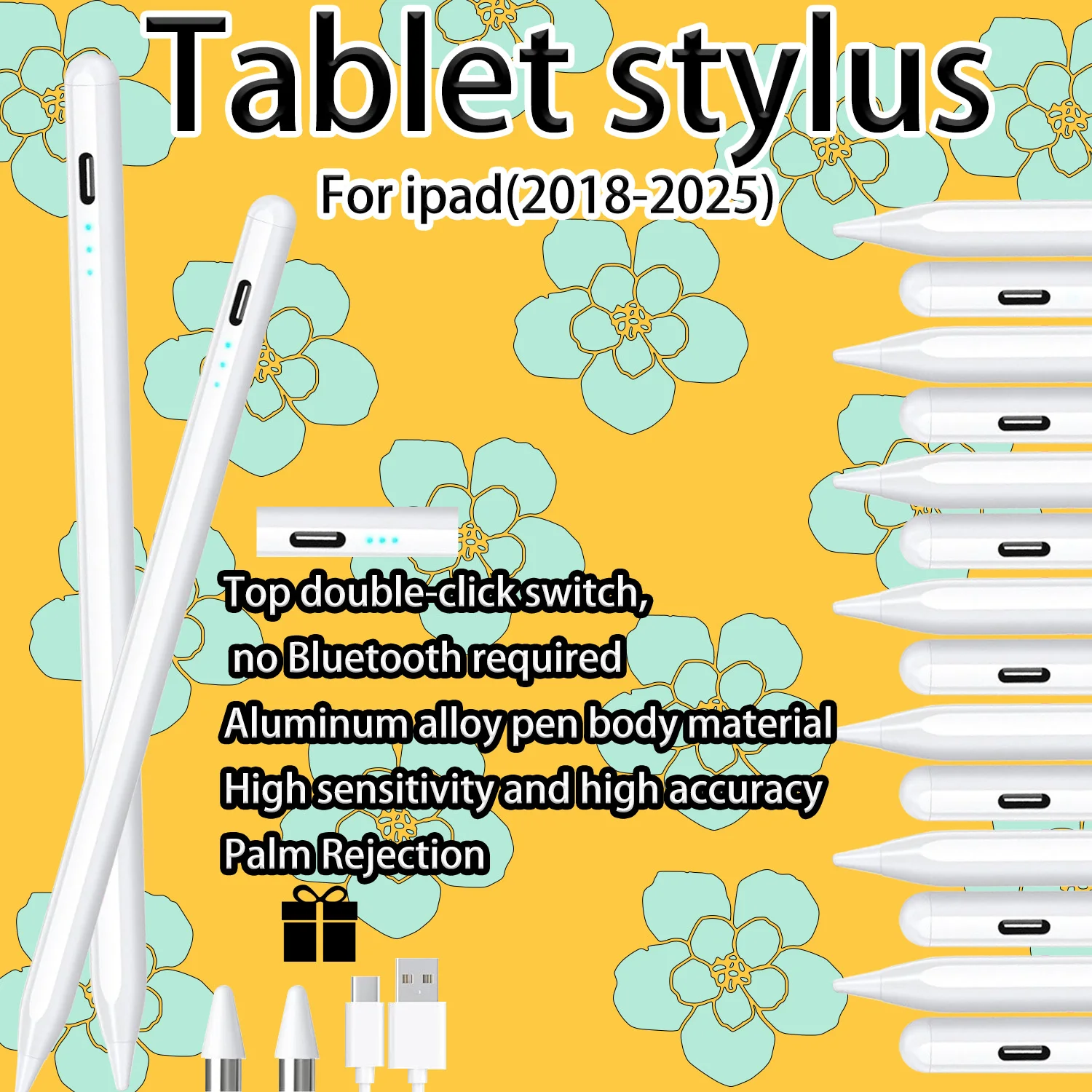 

Активный стилус для iPad 2018-2026, быстрая зарядка, увеличенное время работы от аккумулятора, магнитное боковое крепление, технология предотвращения случайных касаний ладонью
