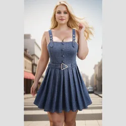 ROSEGAL Plus Size Casual Mini sukienki damskie bez rękawów klamra przelotka Mock guziki plisowana niebieska sukienka z odkrytymi plecami Oversize Vestidos