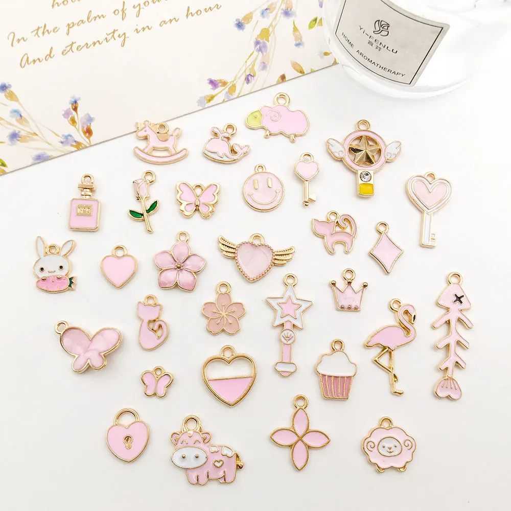 10PCS Pink Drip Oil Color Alloy Enamel Cute Heart Flower Animal Charms Pendant For Dly Earrings Bracelet Jewelry Accessories