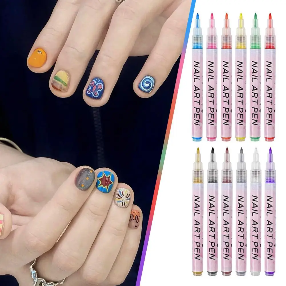 ปากกามาร์คเกอร์เพ้นท์เล็บ 12 สี หัวแปรง 0.7 มม. อุปกรณ์วาดลายกราฟฟิตี วาดเส้นคลื่น ลายดอกไม้ สำหรับตกแต่งเล็บ S6M0