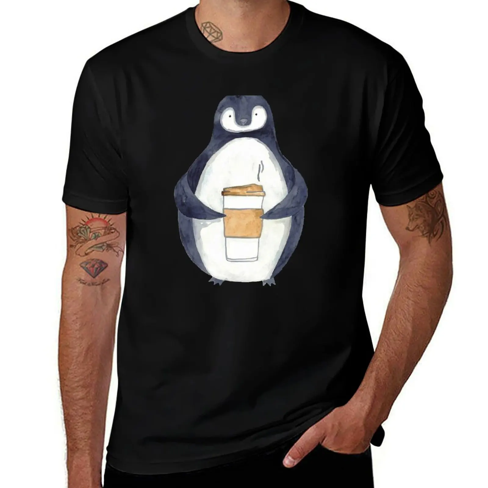 

Penguin With Coffee watercolor T-Shirt anime t shirts oversize t shirts for man pack cotton t shirts for man cotton T-Shirt