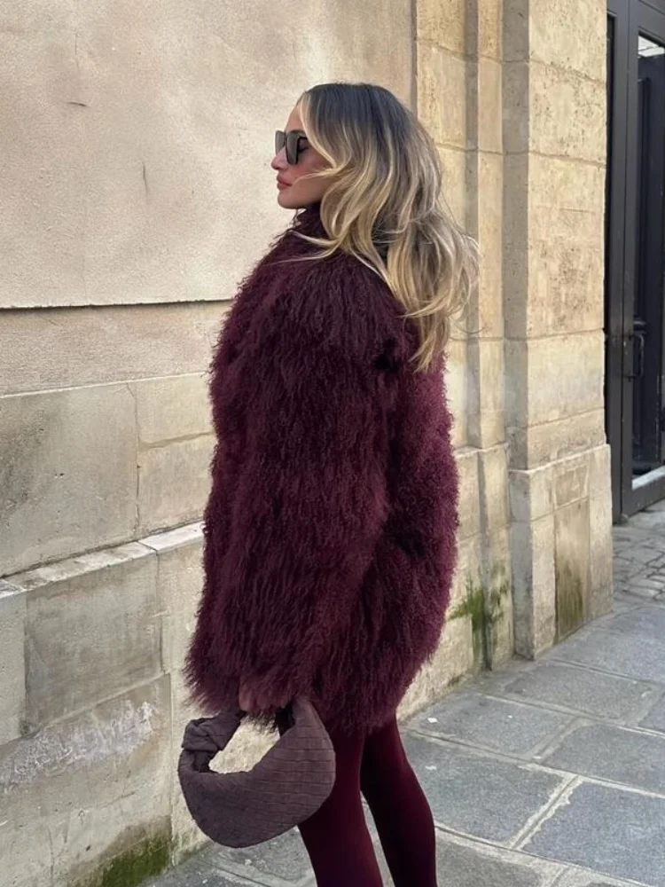 Women\'s Fashion Wine Red Furry Faux Fur Warm Coat 2024 New Thicken Fluffy Plush Loose Trendy Jacket Winter Chic Lady Outerwear