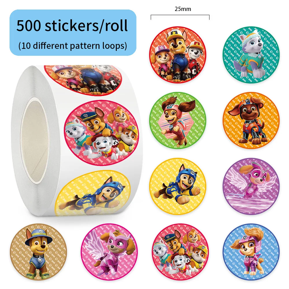 สติกเกอร์ลายการ์ตูนพาวพาโทรล 500 ชิ้น/ม้วน สติกเกอร์ PVC สำหรับตกแต่งแล็ปท็อป ของขวัญรางวัล ของเล่น
