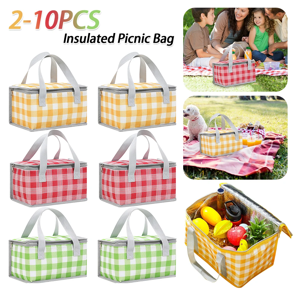 

2-10PCS Thermal Lunch Bag Dual Zippers Camping Lunch Bag Large Capacity Plaid Lunch Tote Bag Multifunction for Outdoor Beach BBQ