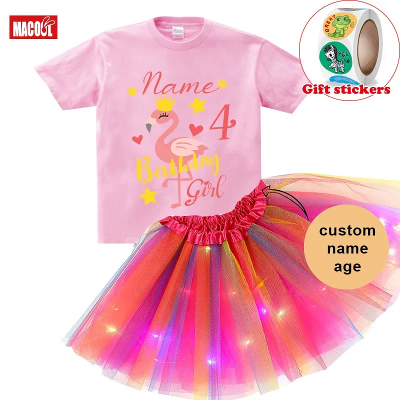 Dresses for Kids Girl Flamingo Luminous Skirt Baby Girl Clothes Birthday Dress 3Pc Kids T-shirt+Girls' Skirt+Children's Stickers