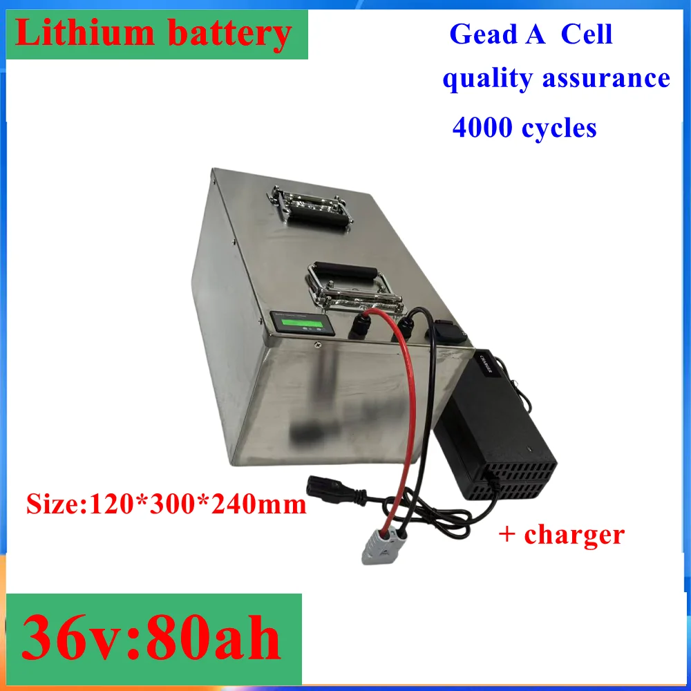 Batterie lithium-ion étanche, 36V, 80Ah, BMS Movie Ion, vélo, scooter, bateau, tricycle EV, Sicile, chargeur 5A, 2000W, 1500