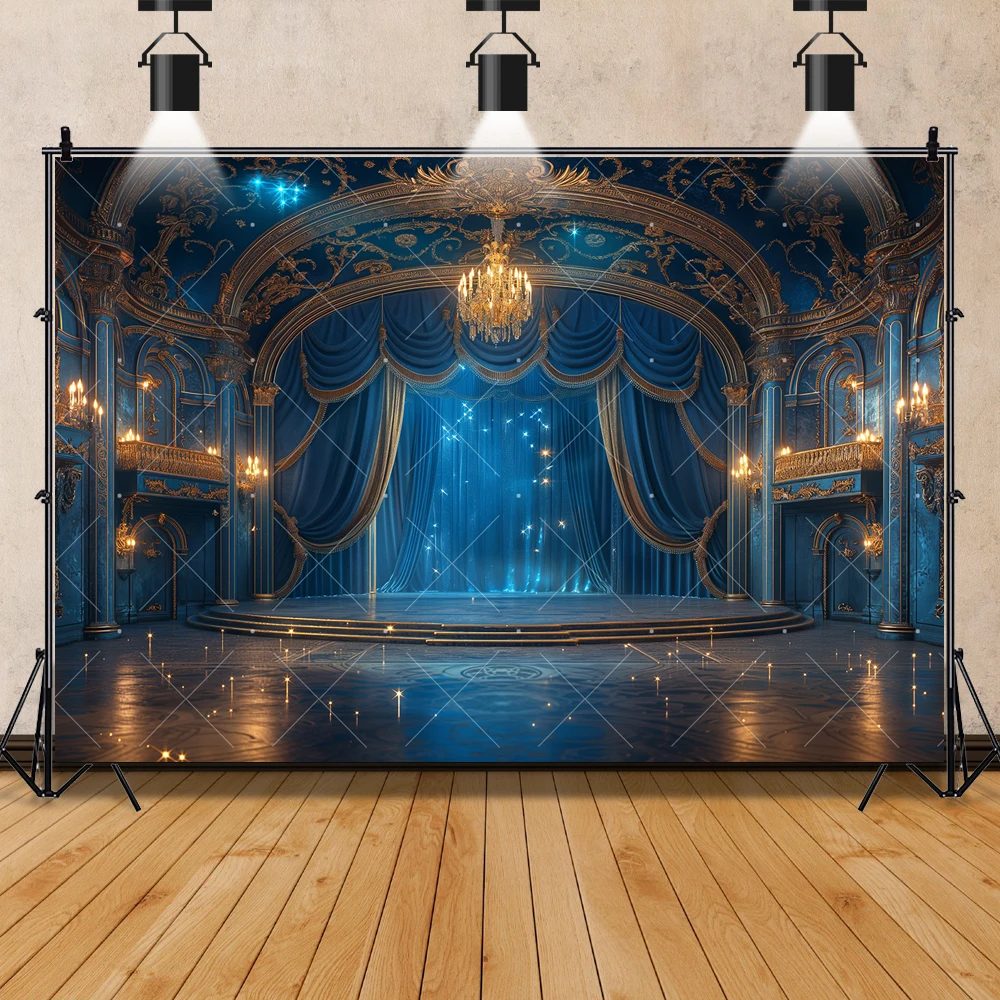 Royal Blue lLuxury Theater Chandelier Stage Kid Girl Birthday Party Backdrop Custom BabyRoom Decor Photography Studio Background