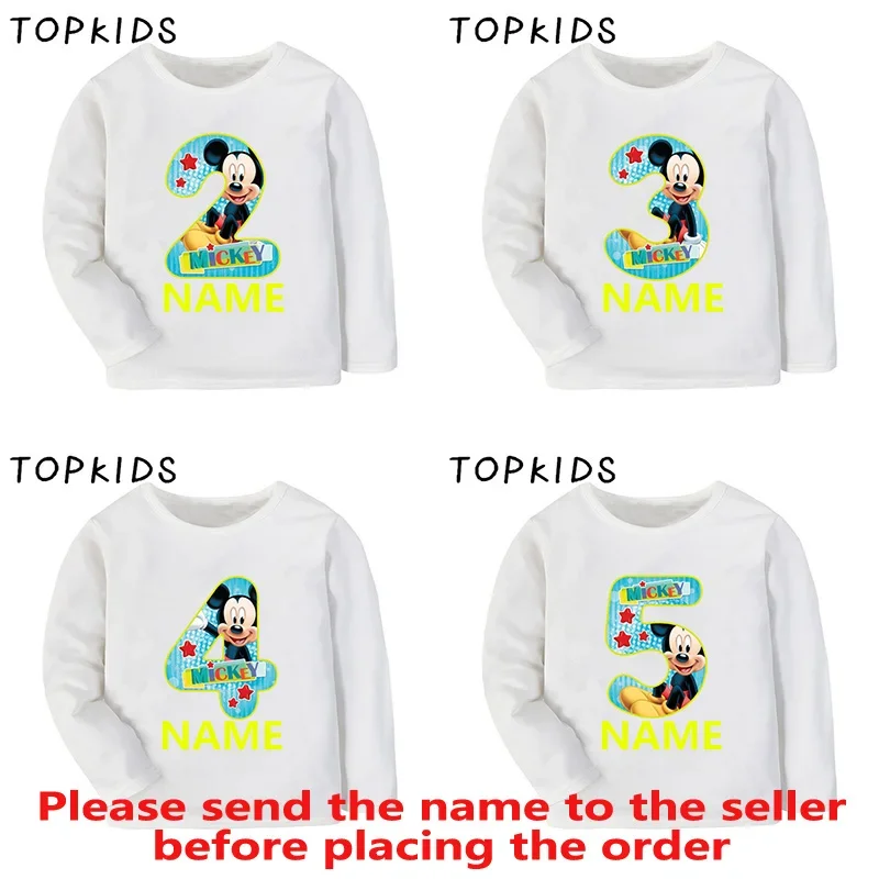 Mickey Mouse Print Jungen T-Shirt 1, 2, 3, 4, 5, 6, 7, 8, 9 Jahre Geburtstag Nummer Schleife Benutzerdefinierter Name Kinder Langarm T-Shirts Mädchen Kleidung