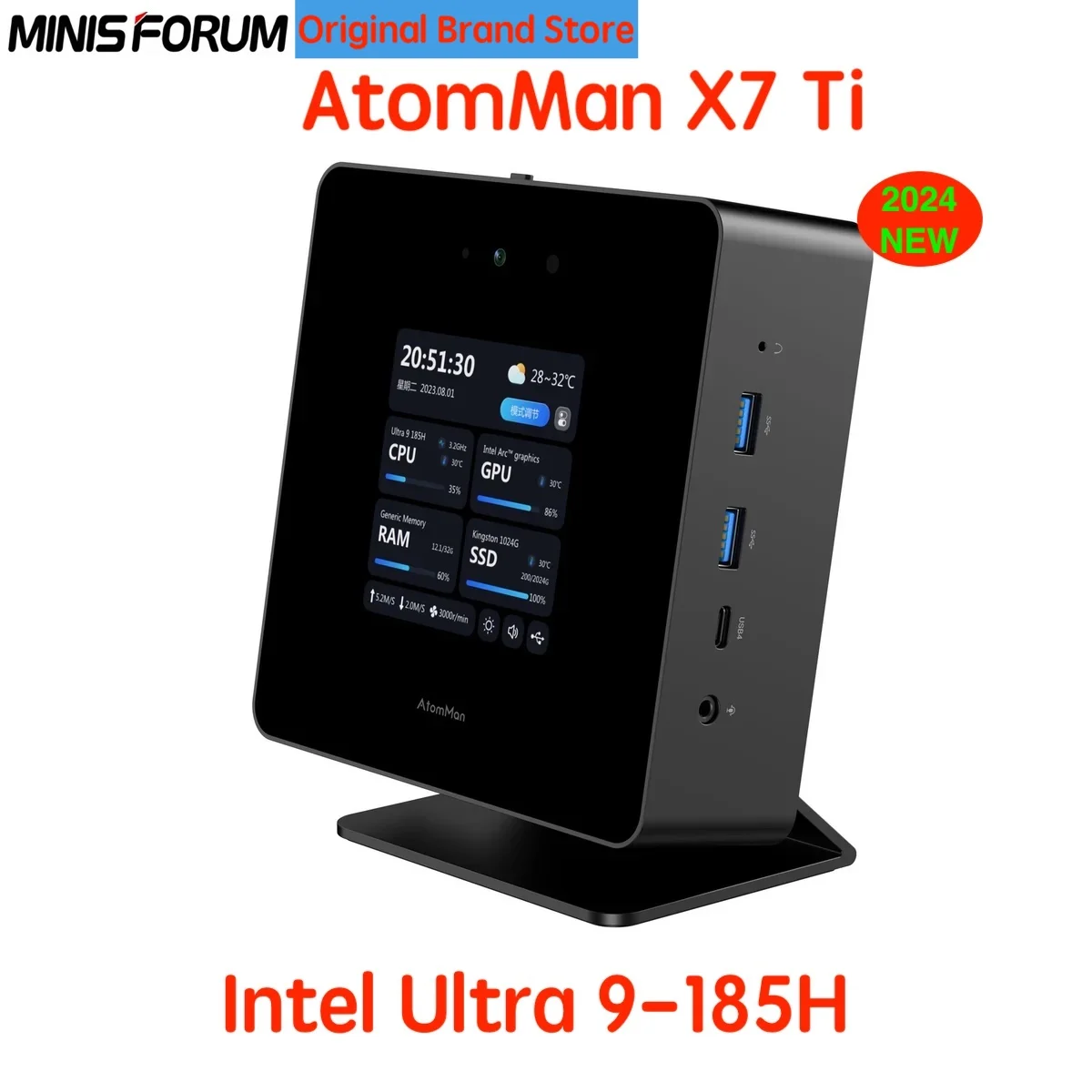 AtomMan 미니 PC X7 Ti 울트라 9-185H 4 인치 스크린, 2 * USB4 2*5G RJ45 카메라, Oculink 윈도우 11 와이파이 7 게임용 PC 미니 컴퓨터