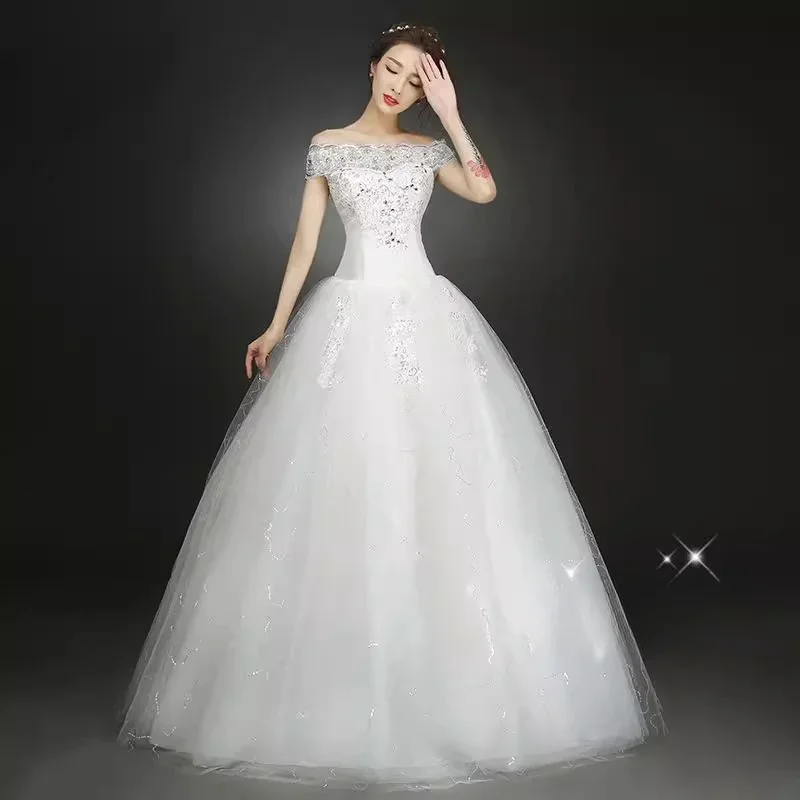 

Wedding Dress White Bling Crystal Off the Shoulder Floor-length Princess Sequins Tulle Plus size Lace up Bride Ball Gowns XN080