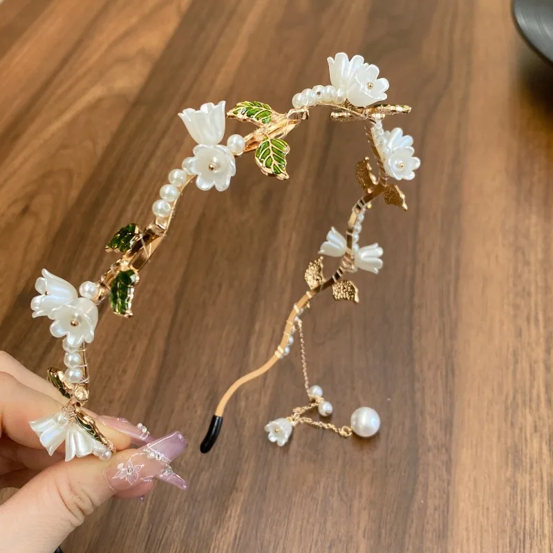 Elegant Imitation Pearl Orchid Leaf Tassel Headband for Celebrations Banquets Weddings Brides Bridesmaids Stage Performances