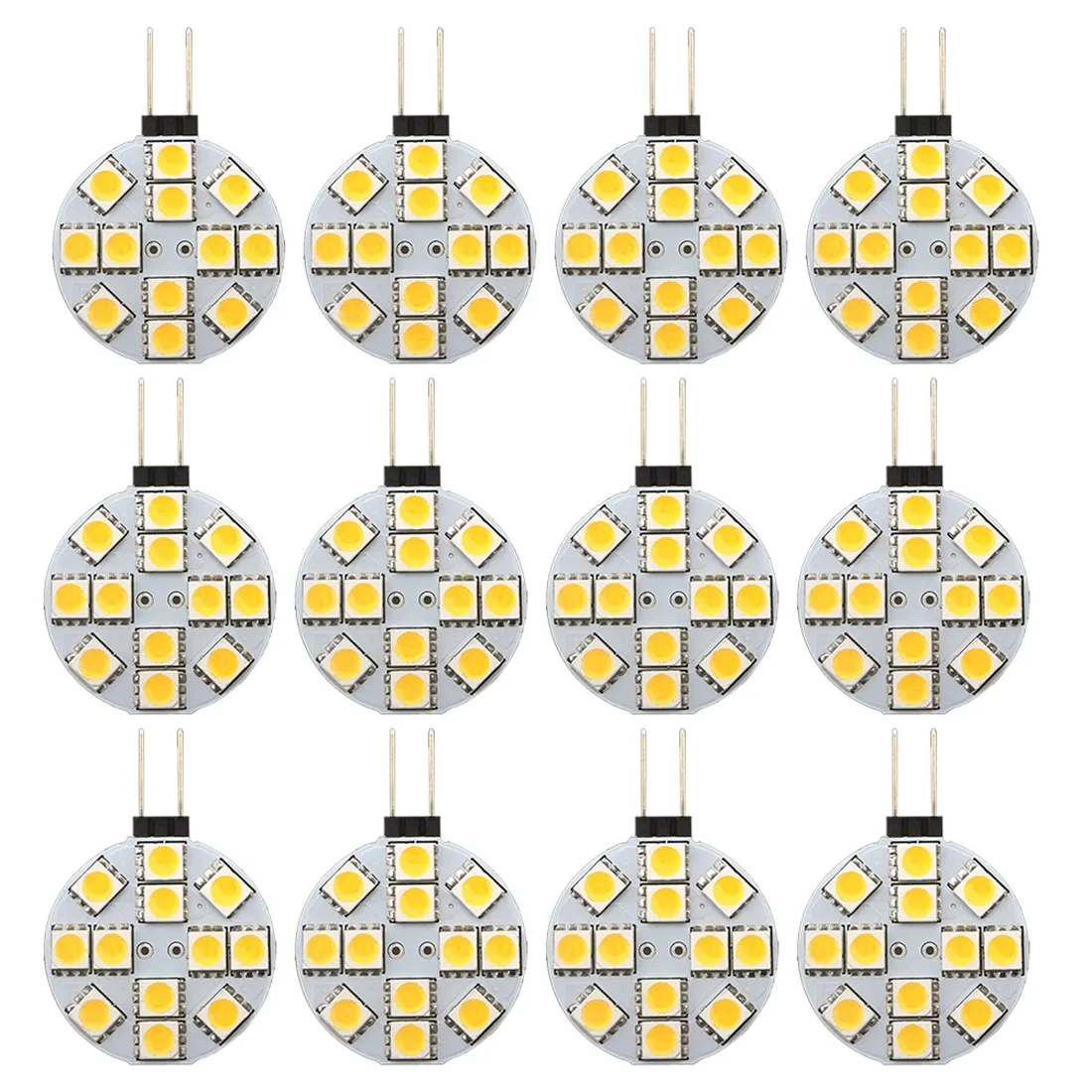 

12PCS G4 Puck Lights LED Bulbs Side Pin Base Round G4 5050 12SMD LED RV Camper Light Home Reading Light, Warm White