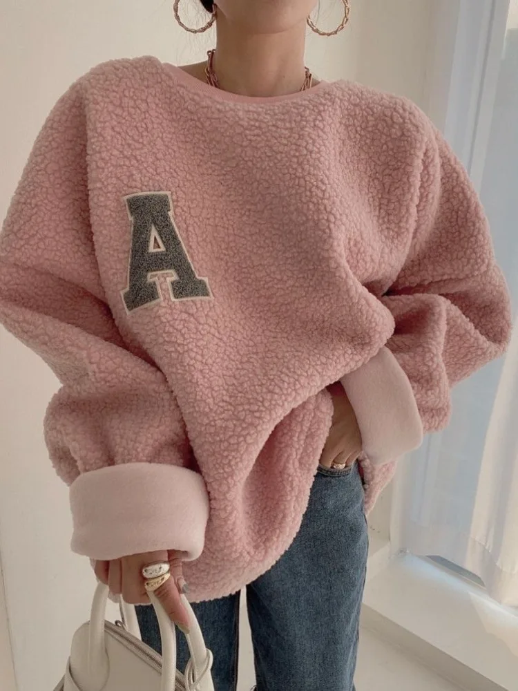 

Warm Lamb Fur Sweatirt Letter Embroidery Oversize Long Sve round Ne Casual Comfortable Women's Autumn Winter Top