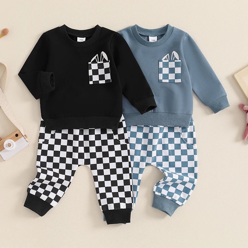 Vintage Toddler Kid Baby Boys Clothes Sets Long Sleeve O Neck Checkerboard Print Sweatshirts Long Pants Infant Causal Tracksuits