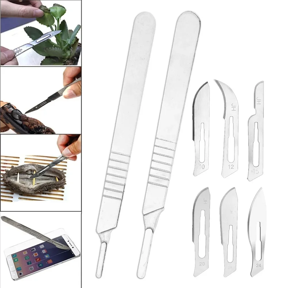 10pcs 10#--24# Carbon Steel Surgical Blades + 1pc 3# 4# Handle Scalpel DIY Cutting Tool PCB Repair Animal Surgical Knife