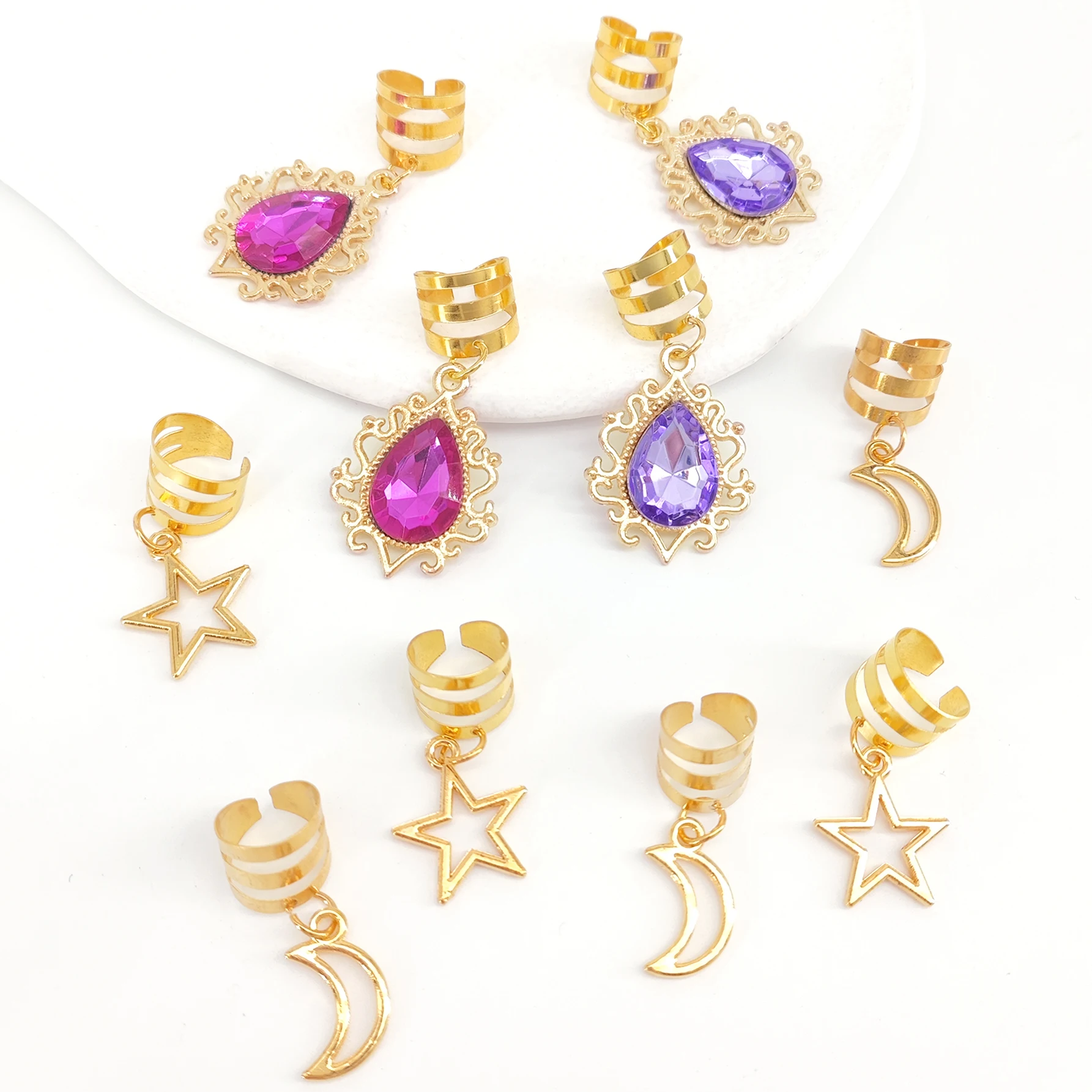 10 قطعة سبائك نجمة القمر التجميع تخريمية مطعمة حجر الراين الشعر مجوهرات اكسسوارات قلادة DIY بها بنفسك الشعر الخرز تجديل مقاطع الشعر