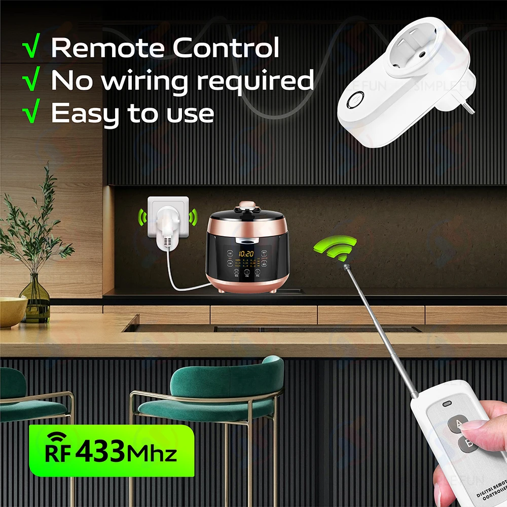 433Mhz Wireless Smart Plug Universal Remote Control Socket EU FR,500m Remote,15A 220V Outlet for Smart Home Light Fan ON OFF