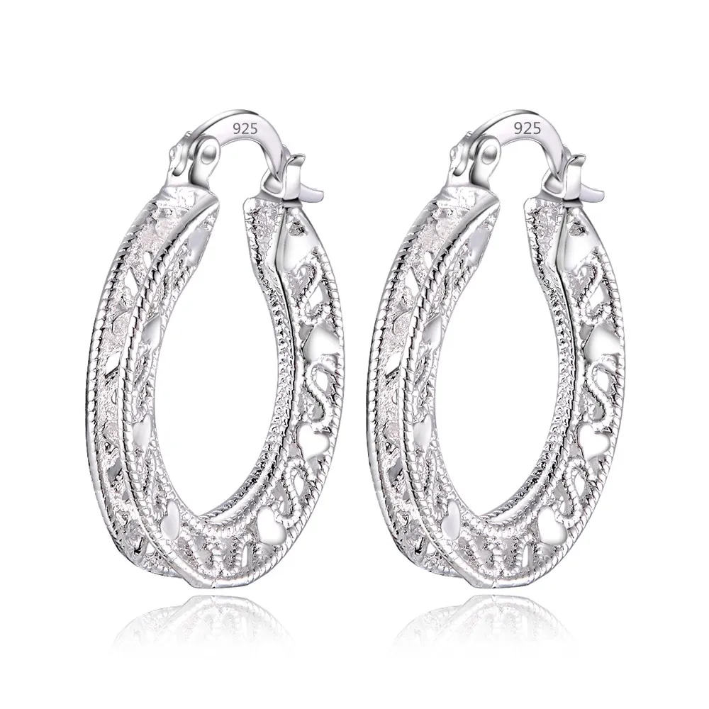 Hot New 925 Sterling Silver Earrings For Women Jewelry Exquisite Round Carved Wedding Heart  Christmas Gifts Party