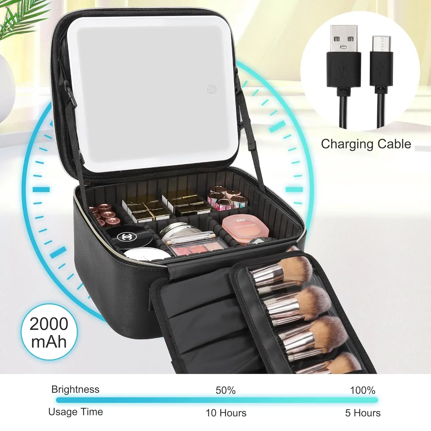 Portable Makeup Case with LED Mirror, Adjustable Dividers & Brush Holder - Black Cosmetic Organizer