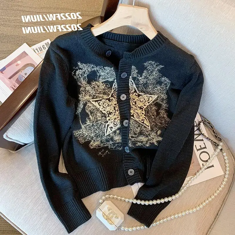 

Black Knitted Heavy Embroidery Cardigan Women's Autumn Winter New Style Retro Fashion Top Korean Version Straight Tube Model