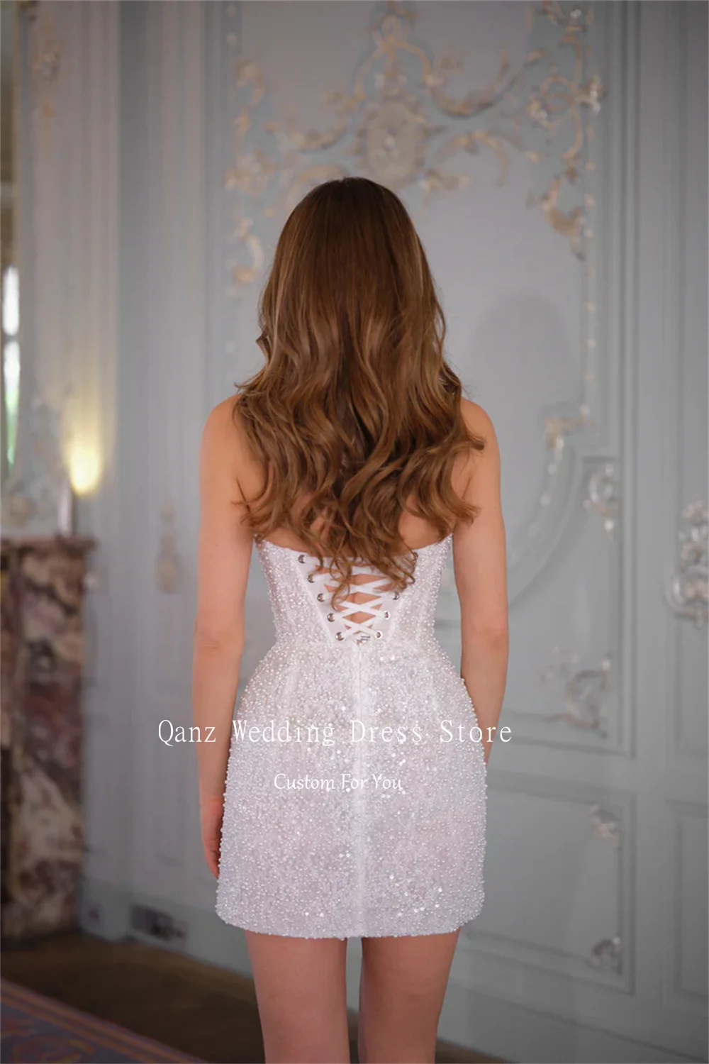 Qanz Elehant Short Wedding Party Dresses Glitter Beading Pearls Bridal Gowns Lace Up Back Vestidos De Novia Bohemios Customized